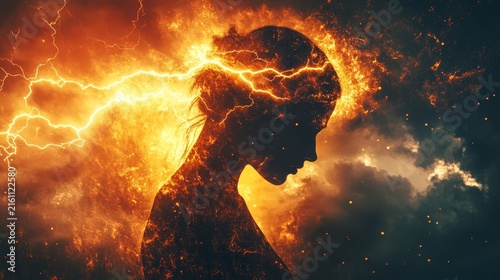 A silhouette of a woman's profile against a fiery background with lightning and embers.