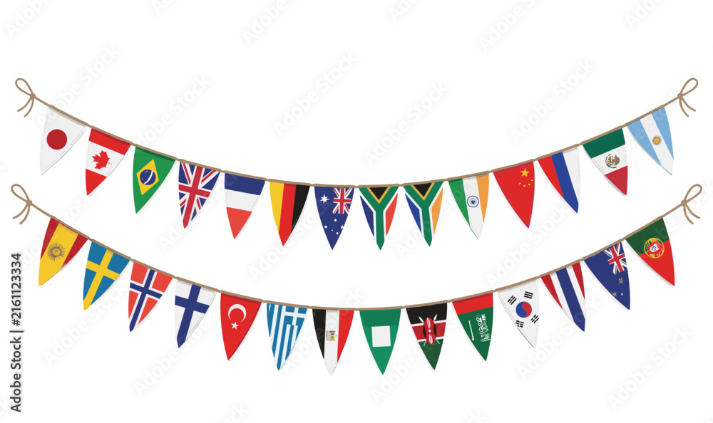 Obraz premium World Flags Bunting Banners Garland Vector Illustration with International Country Triangle Hanging Flags and Twine Knots for Global Celebrations