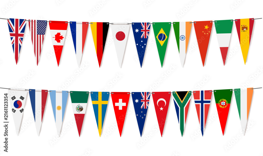 Fototapeta premium World Flags Bunting Banners Garland Vector Illustration with International Country Triangle Hanging Flags for Global Celebrations and Sports Events