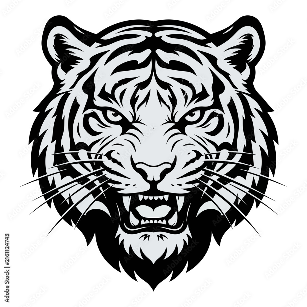 Obraz premium Aggressive tiger head illustration in black and white style