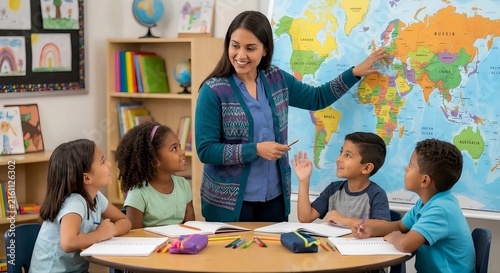 Female Teacher Explaining World Map Geography Lesson to Diverse Elementary Students at Round Table