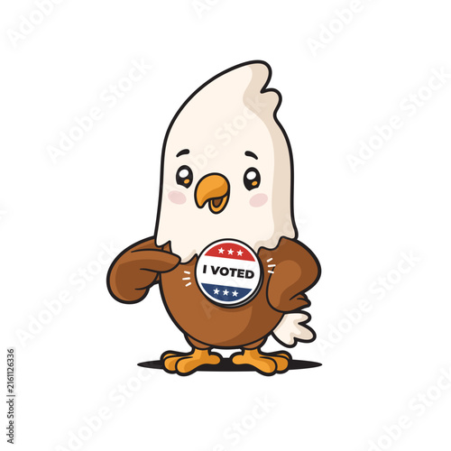 Kawaii bald eagle voter showing badge with text I VOTED vector cartoon illustration