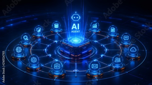 Futuristic artificial intelligence agent hologram controlling global digital network system with service nodes