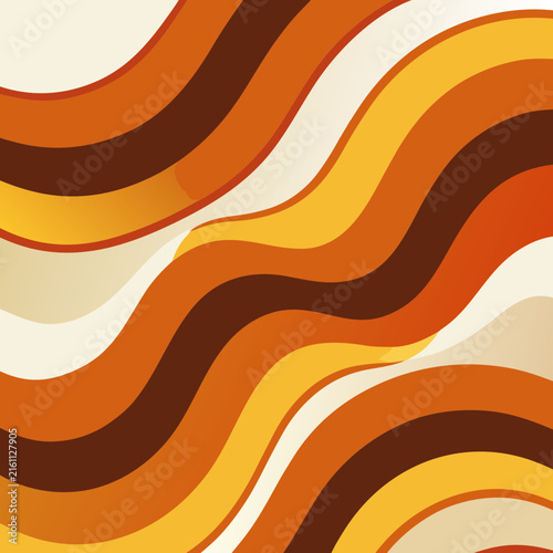 Wavy striped pattern with retro brown and orange curved lines creates psychedelic 70s abstract backdrop for creative marketing media.