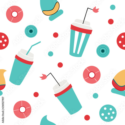 Refreshing drink cups and cookies seamless pattern in red and teal for cafe branding or summer party decorations.