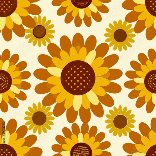 Warm toned sunflower seamless pattern in orange and yellow hues for autumnal fabric or rustic home decor items.