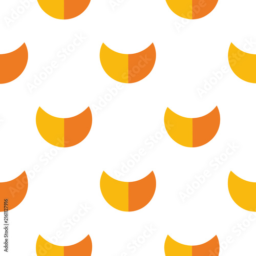 Abstract crescent moon shapes arranged in repeated pattern with vibrant yellow and orange colors for modern textile printing surface design.