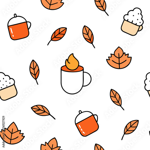 Cozy autumn beverage cups and falling leaves arranged in charming pattern for seasonal coffee shop menu branding or warm home textiles.