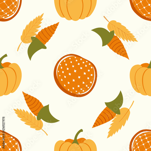 Autumn harvest seamless pattern with orange pumpkins and stalks of golden wheat with rustic vegetable elements for seasonal holiday prints.
