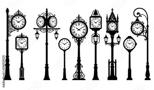 Vintage Street Clocks Collection Vector Silhouettes