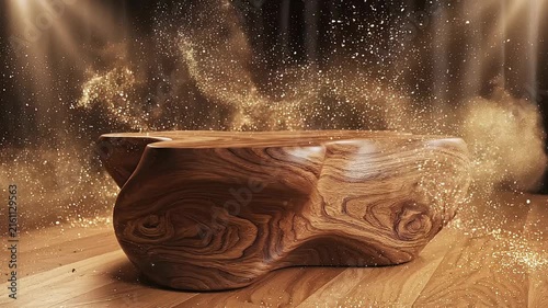 Elegant natural wooden coffee table with smooth curves and glowing golden dust particles in warm ambient light