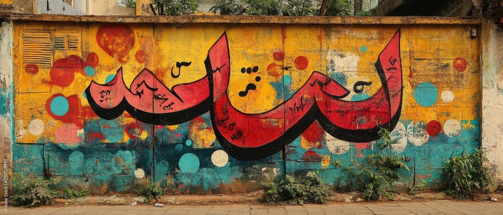 Naklejka premium A colorful street art mural featuring large red Arabic calligraphy on a yellow and teal background with scattered circles.