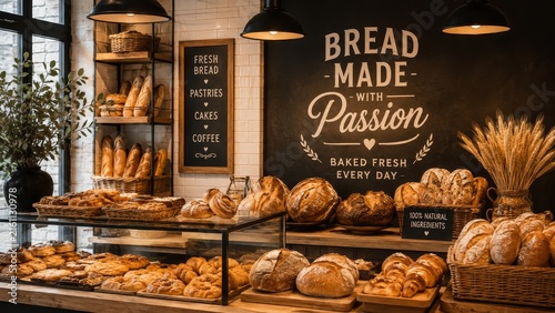 Artisan Bakery Interior with Fresh Bread, Pastries and Rustic Display