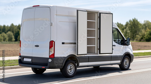 White refrigerated cargo van driving along a smooth road with a clean freezer box and empty shelving visible through open rear doors in a secondary detail, bright daylight, refrigerated