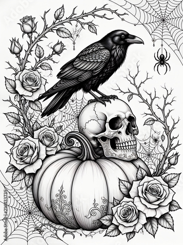 Gothic Raven Skull Pumpkin Roses and Spider Web Halloween Coloring Page