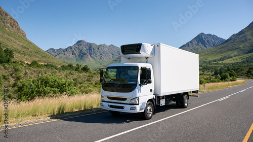 Efficient white refrigerated cargo truck traveling through a scenic mountain highway in crisp bright daytime rather than sunset, clean sustainable transport concept, refrigerated truck,