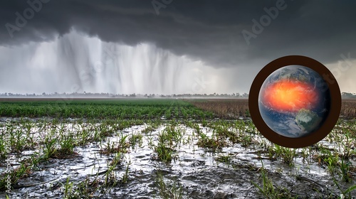 Flooded agricultural field beneath intense rain clouds with a warming Earth graphic, illustrating Super El Nino, crop damage, extreme rainfall and food security risks