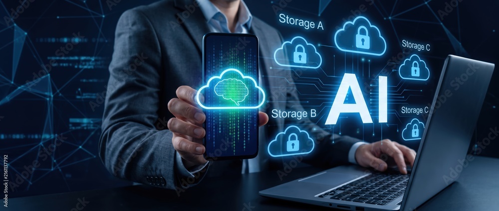 Fototapeta premium Businessman holding smartphone displaying cloud storage and ai symbols representing technology integration and data security in modern work environment