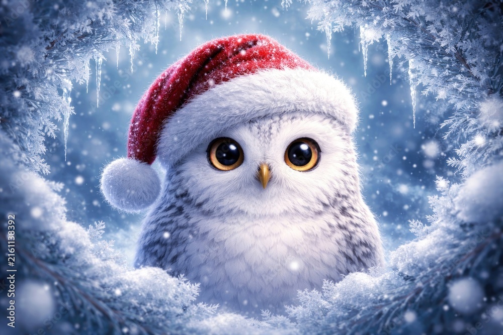 Obraz premium Festive owl in snowy wonderland.