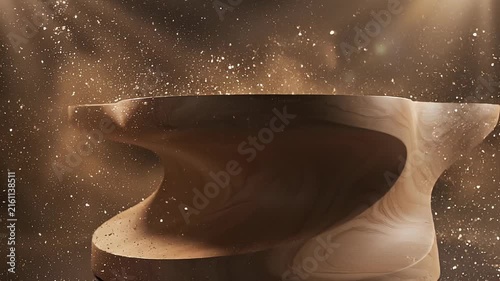 Abstract cosmic dust swirling over smooth wooden surface with golden particles and dark background