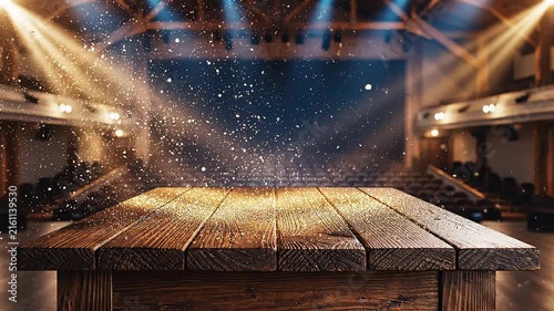 Rustic wooden table in cozy warmly lit theater interior with dramatic spotlight and particles