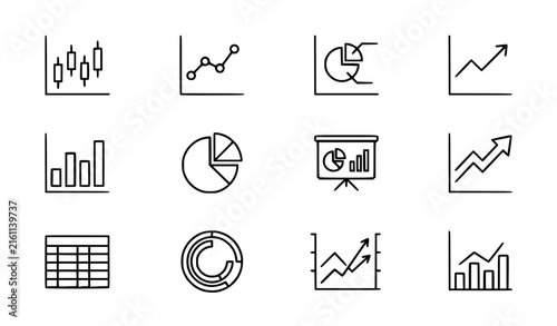 Charts and graphs line icons set candlestick infochart report diagram presentation linear vector pack editable stroke