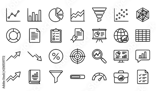 Analytics statistics line icons set chart graph report document presentation data vector collection