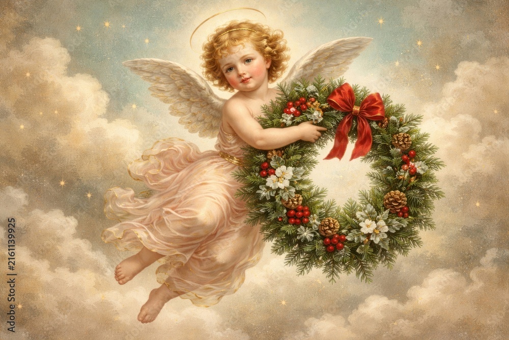 Naklejka premium Cherubic angel with festive wreath.