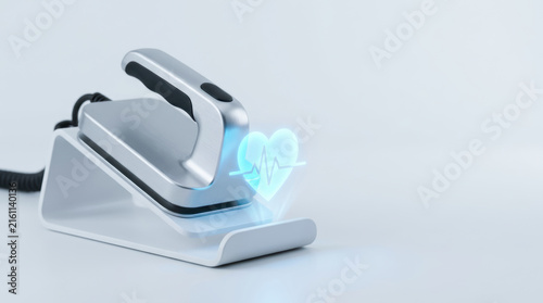 Occupational health safety scanner on white table with glowing heart signal
