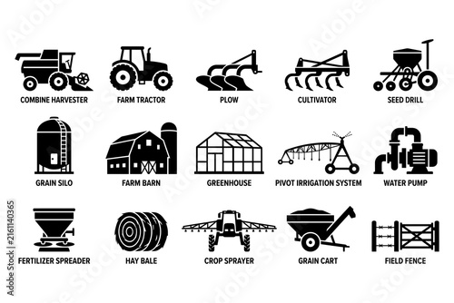 Black and white icons representing various agricultural machinery and farming equipment
