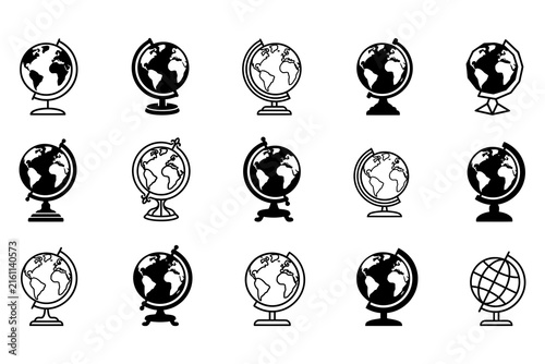 Collection of black and white globe icons in various styles and perspectives