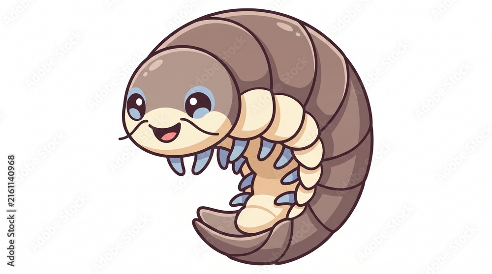 Fototapeta premium Cute cartoon isopod character with a friendly smile and curled body isolated on a white background