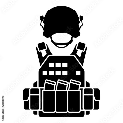 Tactical military body armor vest with ballistic helmet and ammo magazines for defense industry or combat gear display.
