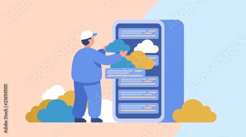 Technician organizing data clouds on a server rack representing cloud computing and digital infrastructure management