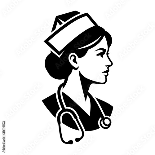 Professional nurse portrait silhouette graphic featuring medical stethoscope emblem for healthcare clinics or nursing schools.