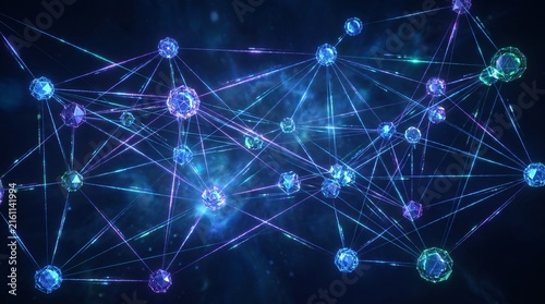 Glowing 3D Network Nodes Connected by Luminous Laser Threads Background