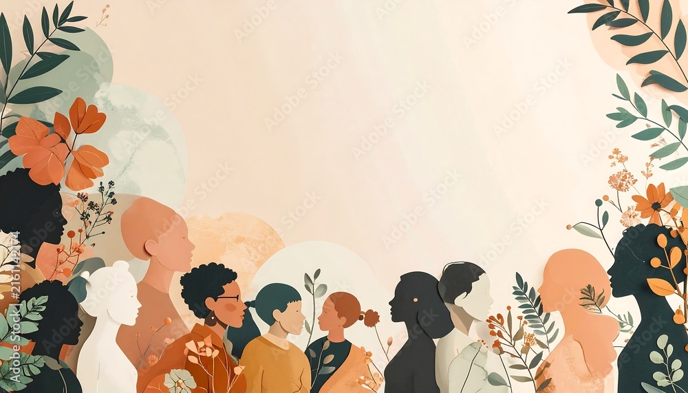 Fototapeta premium Diverse women profiles vector illustration with floral elements and copy space for international womens day banner