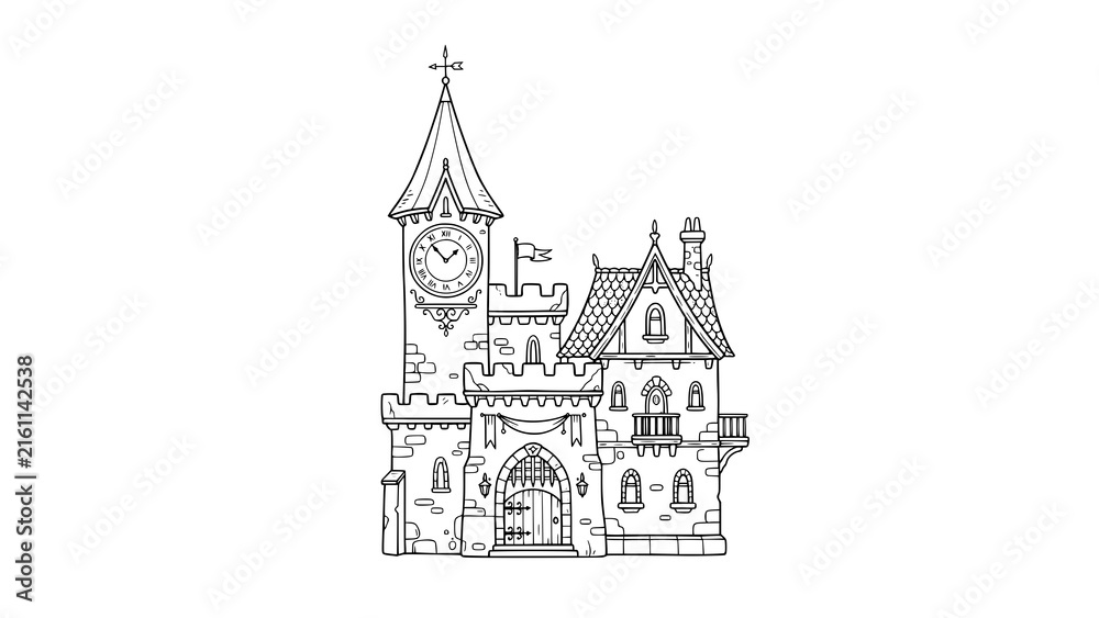 Fototapeta premium Hand drawn black and white illustration of a whimsical fairytale castle tower