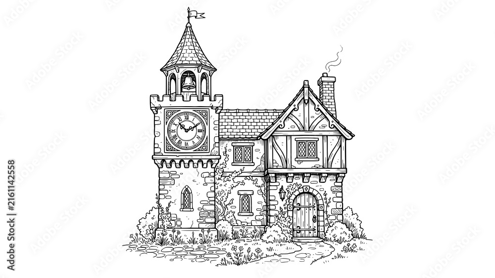 Obraz premium Hand drawn illustration of a medieval clock tower and rustic cottage building