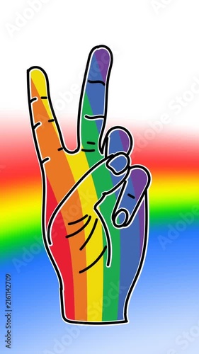 Animation of victory hand sign over rainbow background