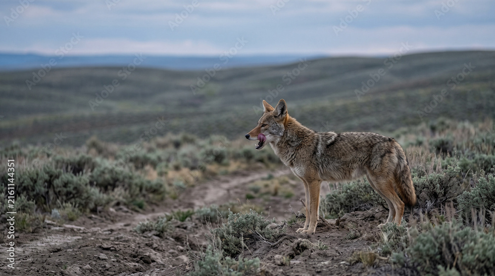 Fototapeta premium Wild coyote standing on a dirt path in a prairie landscape. Predator licking its nose with tongue out. Natural animal behavior in wilderness habitat. Copy space