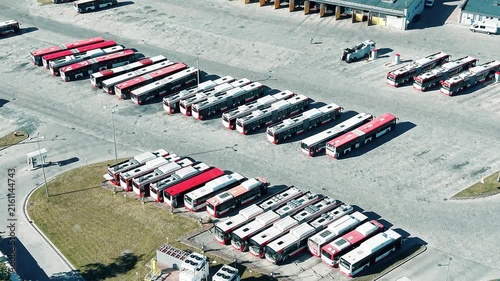 Urban bus depot with articulated buses from above