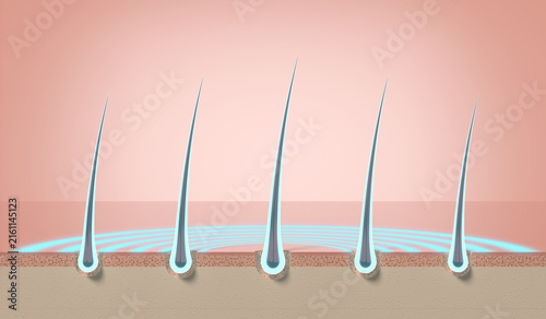 Multiple glowing healthy hair strands growing from skin follicles - 3d illustration
