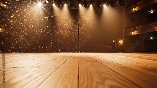 Empty wooden stage with spotlight and microphone in theater with warm lighting and dust particles
