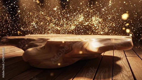 Rustic wooden bowl on wooden floor with magical golden glowing dust particles in warm light