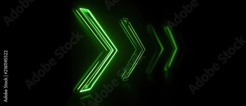 Futuristic neon green arrows pointing right on a dark background with reflections