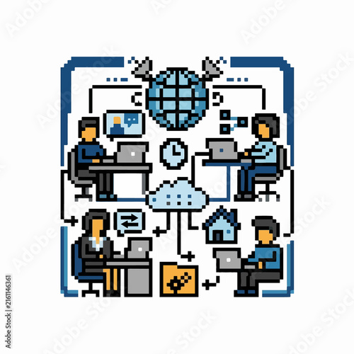 Pixel art illustration of remote work and global digital connectivity.