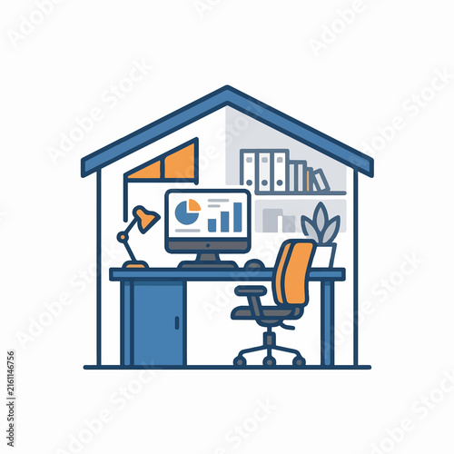 Home office workspace with computer and desk.