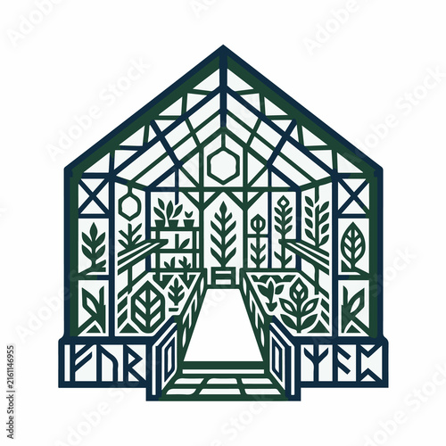 Minimalist Greenhouse Illustration with Geometric Botanical Elements.