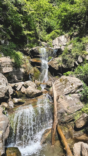 Cascading mountain waterfall flowing through a lush forest
